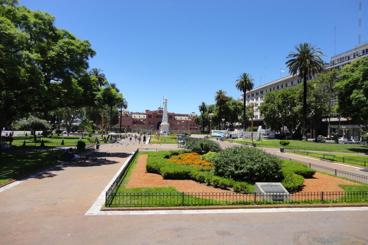A view of the public square in Buenos Aires with historical buildings around